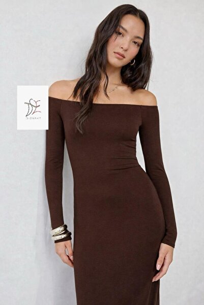 DİDVAKE Women's Brown Slit Lined Silk Jersey Midi Dress