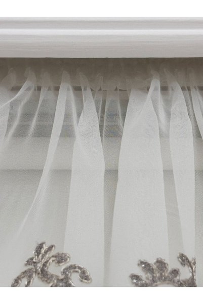 Valerium Silvery Embroidered Tight Pleated Tulle Curtain Custom Made Ecru 1/3 Pleated