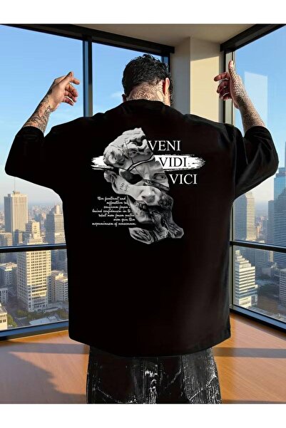 CLASSY.MODA Tricou negru unisex oversize cu imprimeu Bărbați Femei Croială co...