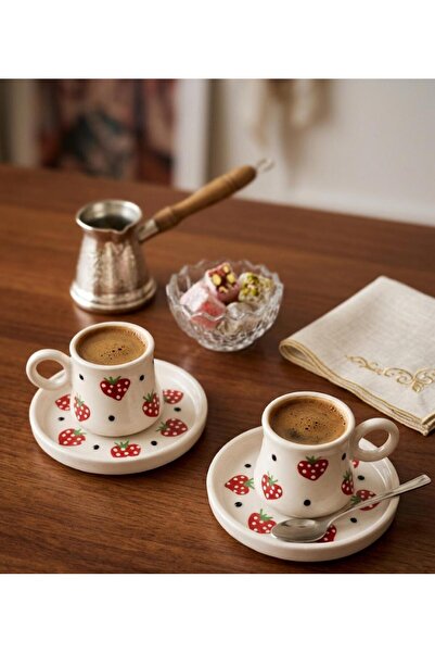 Si Sorti Ceramics 2'li Çilek Desenli Tasarım Türk Kahvesi Fincan Takımı - Sev...