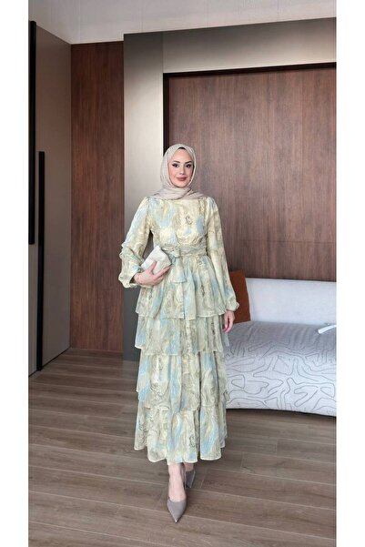 Gülsoy KAT KAT ŞİFON DESENLİ YENİ SEZON ŞIK ELBİSE