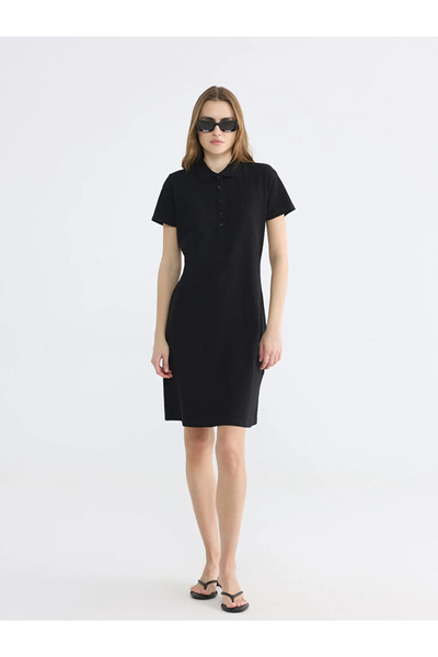 LC Waikiki LCW EVERYDAY Μαύρο Μίνι Φόρεμα Πικέ με Γιακά Πόλο