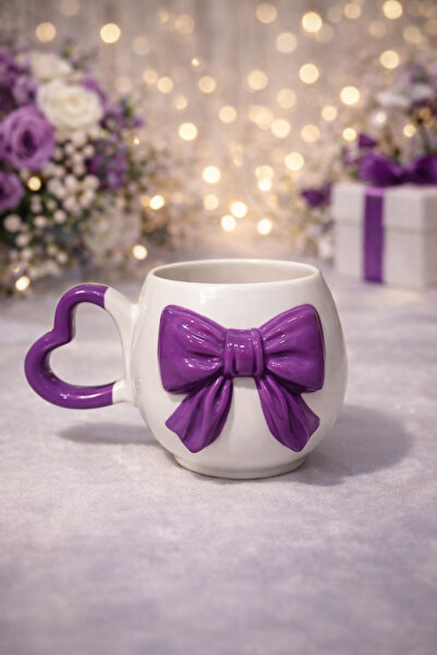İZart Heart Handle 3D Purple Bow Patterned Custom Embossed Fully Handmade Cer...