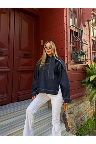 Laluvia Navy Blue Denim Jacket with Tie Detail at the Collar - 0943