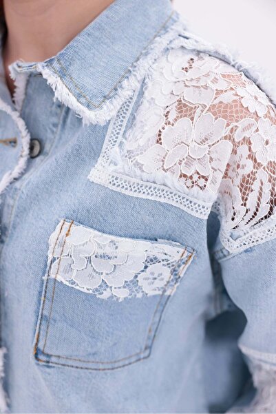 Yeys Shop Dantel Detaylı Ceplı Denim Ceket