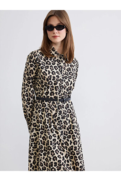 LC Waikiki LCWAIKIKI Κλασικό Καφέ Φόρεμα Πουκάμισο από Ποπλίνα με Ζώνη και Λε...