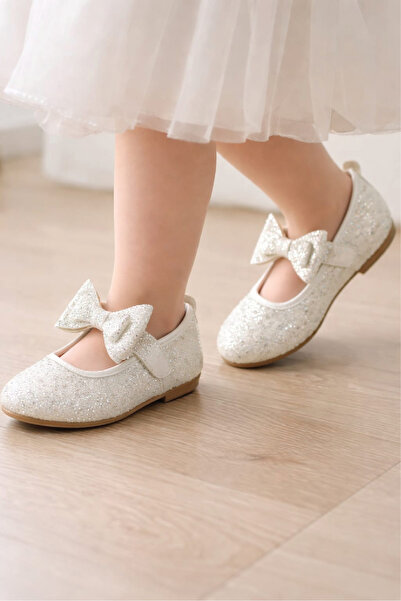 Turkuaz Ayakkabı Beyaz Simli Kız Çocuk Babet