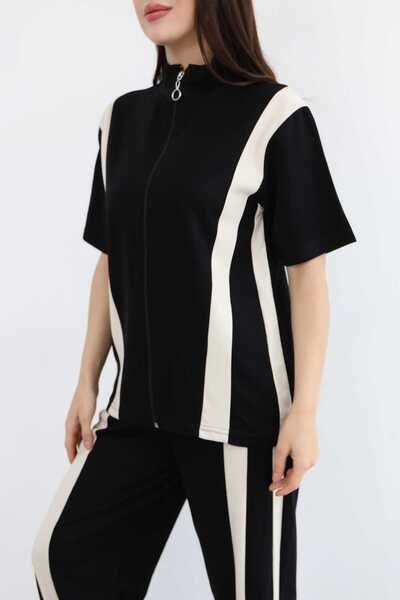 LAVRE طقم نسائي كبير الحجم من القماش المودال بتفاصيل مخططة - طقم رياضي مريح ذ...