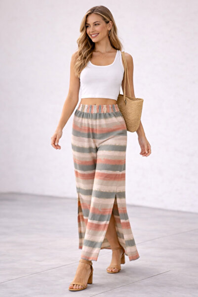 MB MİSSLADY COLLECTION بنطلون نسائي صيفي واسع الساقين بتفاصيل مخططة باللون البيج