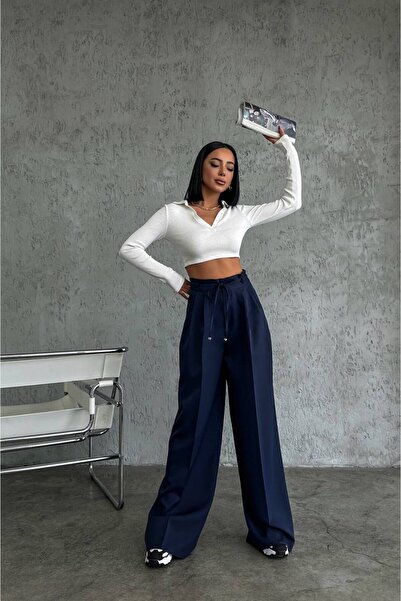 ZAVIXO Black Wide-Leg Pants with Rope Belt Detail