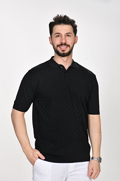 VALERİO MEN Collar Buttoned Diamond Pattern Premium Knitwear