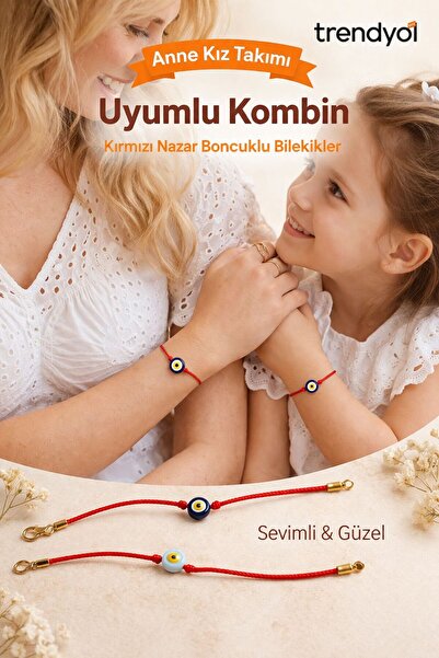 BAKIRCIM STORE Mother Daughter Evil Eye Beaded Bracelet Set Red String Gold D...