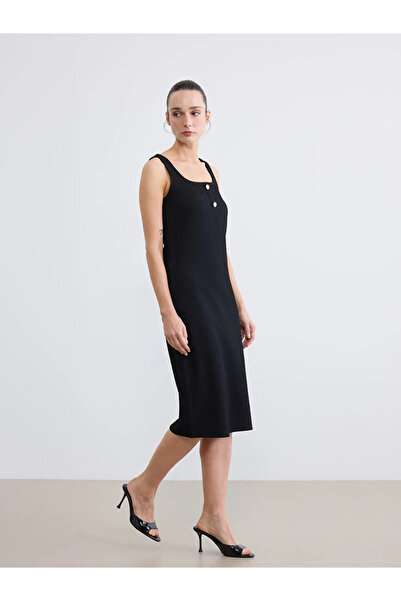 LC Waikiki LCW EVERYDAY Μαύρο Φόρεμα Bodycon με λαιμόκοψη U και ραβδώσεις