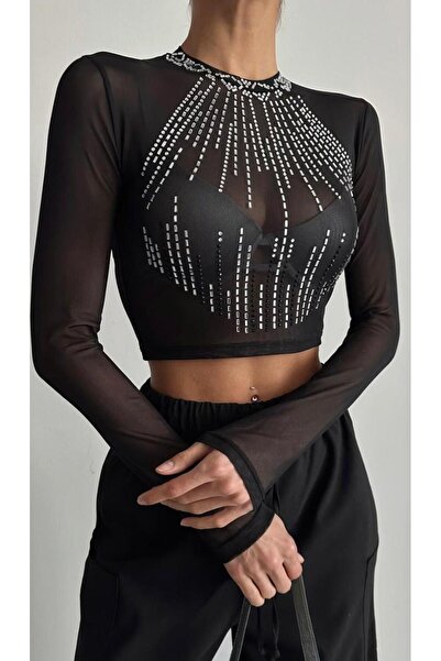 one depot only for quality life Women's Black Stone Blouse Long Sleeve Transp...