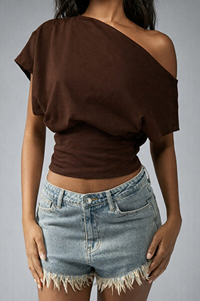 RABTEKS Women's One-Shoulder Waist-Fitted Crop Blouse Lycra Stretchy Fabric C...