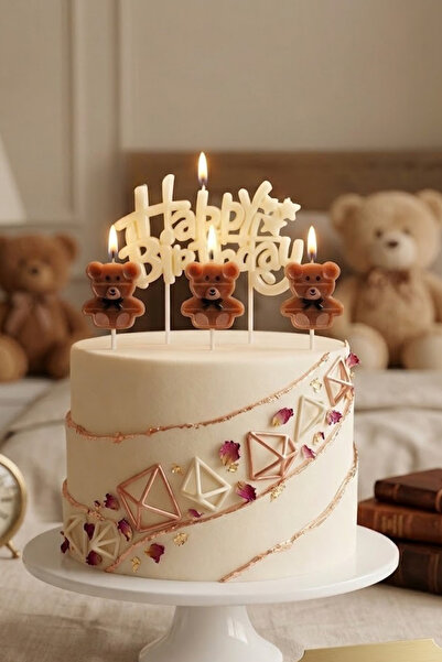 Baloncu Nene Ayıcık Mum Seti Happy Birthday Yazılı Pasta Üstü Sevimli Doğum G...