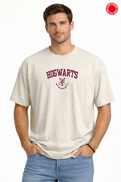 DUBU BUTİK Unisex Oversize T-Shirt 100% Cotton Beige Hogwarts Printed Basic L...