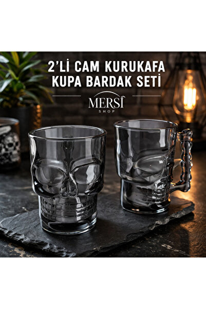 Mersi SHOP 2’li Cam Kurukafa Kupa Bardak Seti Gotik Tasarım Şeffaf Skull Kupa