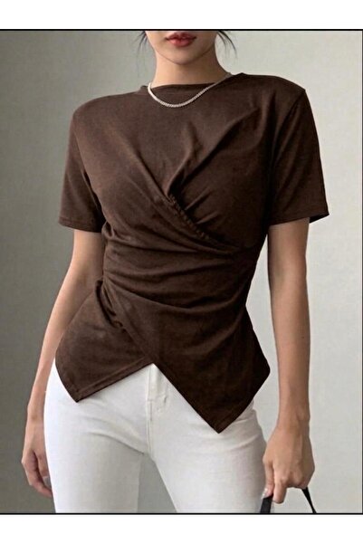 peri tower Women's Double-Breasted Detailed Draped Short Sleeve Blouse 0083