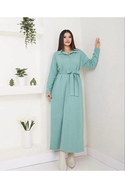 moda dıcasso Cold Yarn Non-Pilling Polo Collar Belted Buttoned Dress