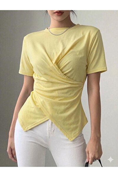 peri tower Women's Double-Breasted Detailed Draped Short Sleeve Blouse 0083