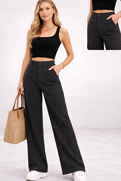 CALEMORE Women's Palazzo Trousers White Striped Black Oversize High Waist