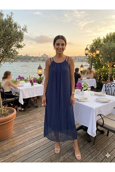 AYASOFYA OTANTIK Rochie de damă din mătase, italiană, albastru marin, cu mode...