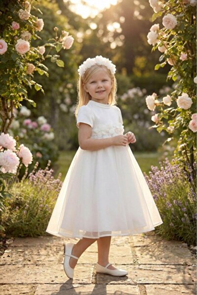 Pamina Ecru Girls Flower Belt Satin Dress & Floral Headband Set 3-7 AGE 36392PR