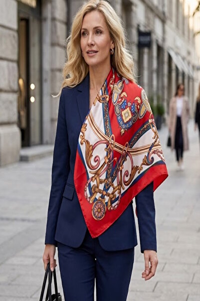 CAŞ DEKORASYON Red Color Mixed Patterned Satin Shawl Scarf 90X90Cm