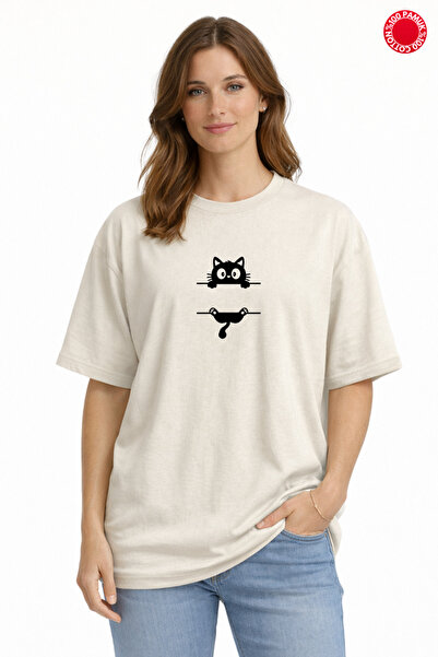 DUBU BUTİK Unisex Oversize T-Shirt 100% Cotton Beige Cat Printed Basic Loose ...