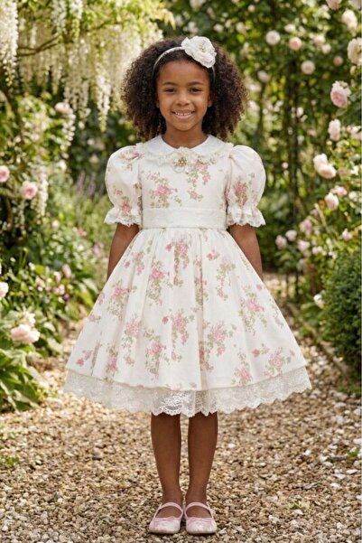 Pamina Girl's Evening Dress Floral Pattern Lace Collar Dress and Headband Set...