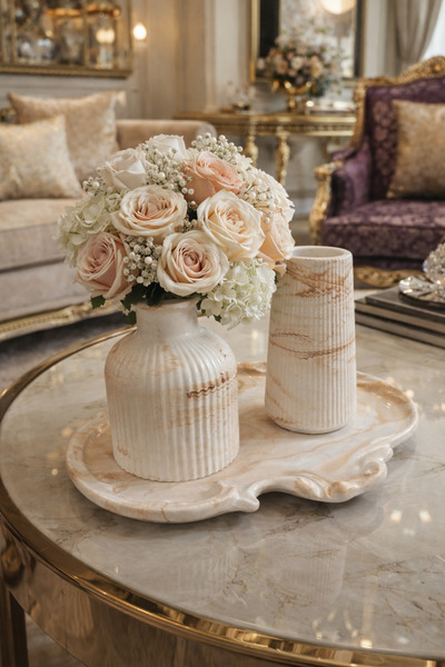 StoneVia Lüks Mermer Desenli Dekoratif Vazo Seti ve Tepsi – Şık Salon Dekoru