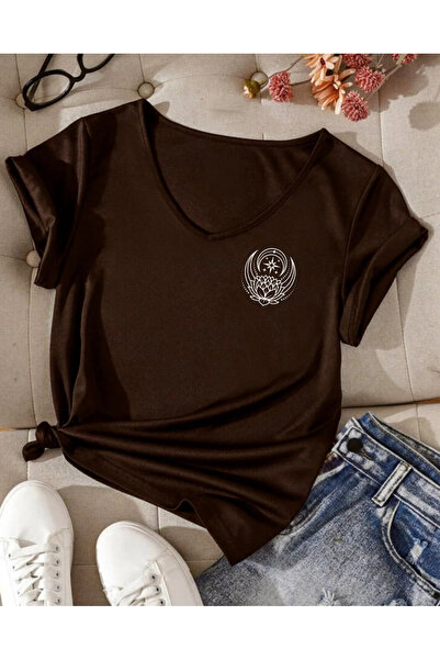 SUNFREE Flower and Moon Trend Printed V-Neck Regular Short Sleeve Combed Cott...