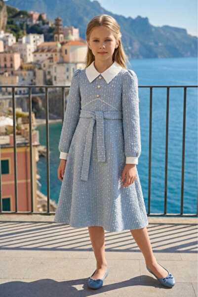 Pamina Blue Elegant Tweed Girls Dress with Pearl Buttons 8-15 AGE 36446PR