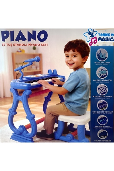 FELİTE Mavi Renk Oturaklı 37 Tuşlu Piyano Oyuncak Set Müzik Oyuncakları