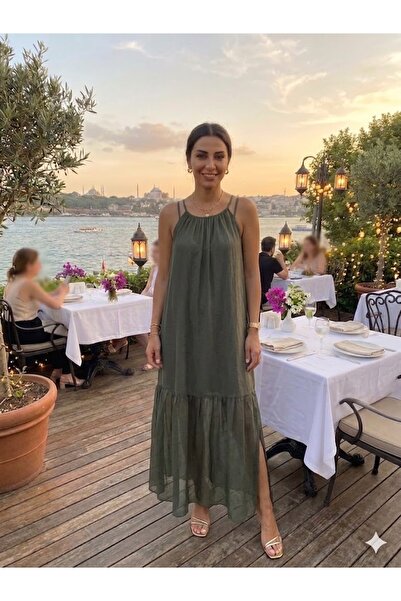 AYASOFYA OTANTIK Women's Italian Khaki Plain Pattern Lined Strap Silk Dress