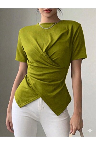 peri tower Women's Double-Breasted Detailed Draped Short Sleeve Blouse 0083