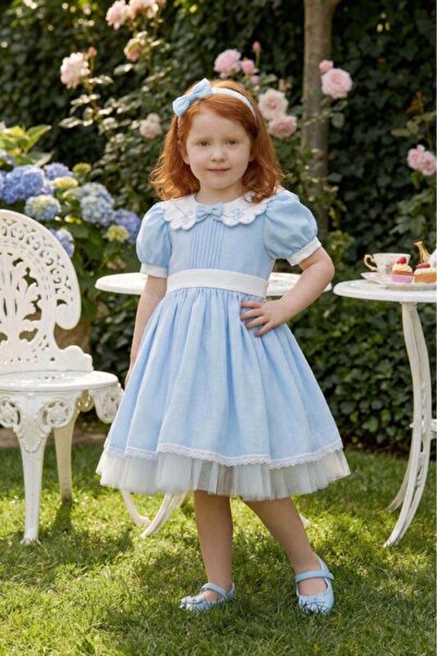 Pamina Blue Baby Girl Classic Puff Sleeve Dress with Headband 6-24 MONTH 36371PR