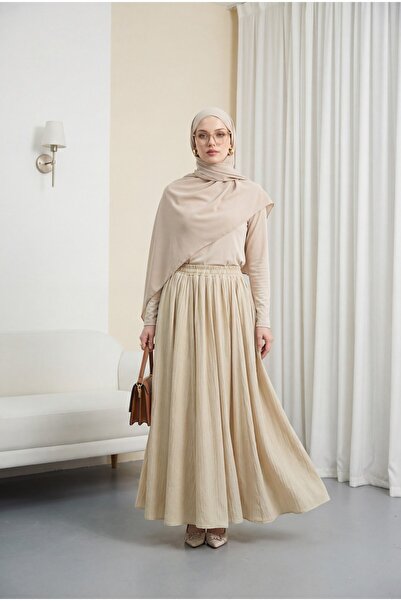 Modamorfo Elastic waist lined long waffle skirt - light mink