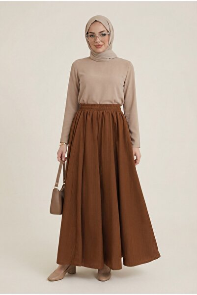 Modamorfo Elastic Waist Lined Long Seersucker Skirt - Tan