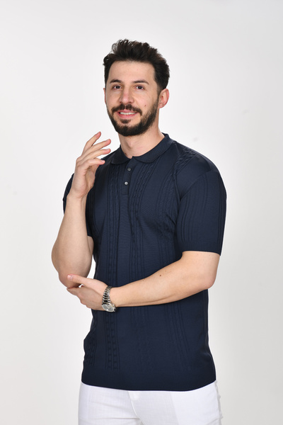 VALERİO MEN Collar Button Detail Self-Pattern Premium Knitwear