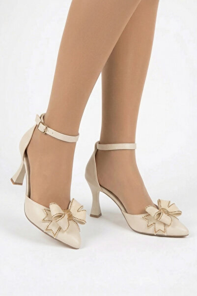 Nubbock Women's Beige Ribbon Detailed Glittery Heeled Shoes Nk3144