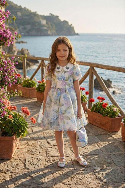 Pamina Синя рокля за момичета с бродирана яка и подходяща чанта, за 3-7 годин...