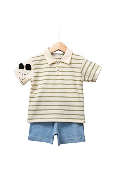 KapsülBebek Polo Collar Striped with Denim Shorts - Baby Boy Set