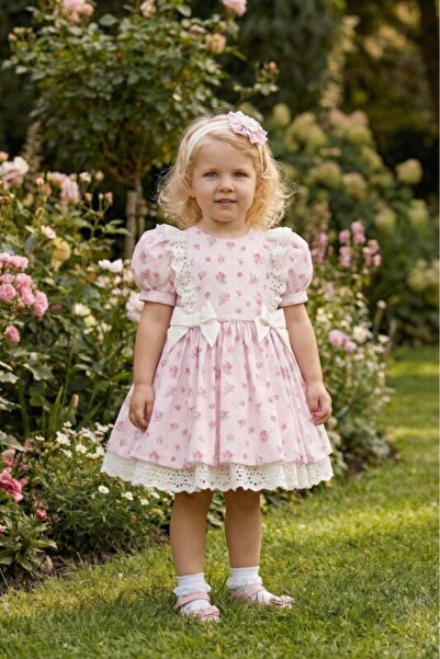 Pamina Powder Pink Baby Girl Floral Ruffle Sleeve Dress, Hairband Gift, Luxur...