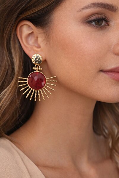 Accessories Hei Red Stone Sun Design Gold Color Dangle Earrings – Vintage Sty...