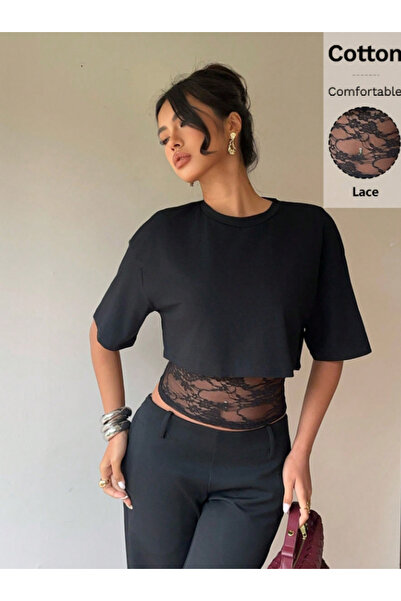 MOONBULL Women's 2 in 1 Design Lace Patchwork Pattern Short Sleeve Tshirt