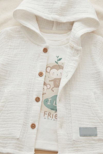 CELYSE Premium 3-Piece Baby Boy Set 100% Cotton Muslin Cardigan Printed Snap-Collar Bodysuit Linen Trousers