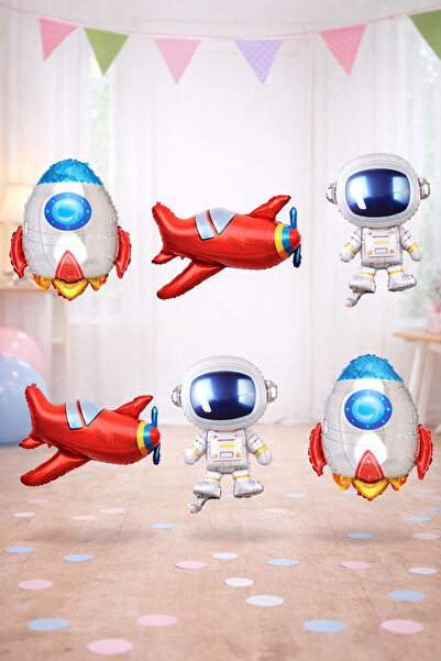 Baloncu Dede Space Themed Foil Balloon Set 40 cm Astronaut Rocket Airplane Fi...