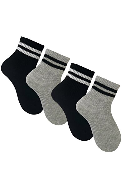 Çorabistaan 4 Çift Siyah Gri Unisex Kız Erkek Çocuk Derbili Tenis Çorap Yükse...